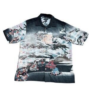 Citron Santa Monica Mens Silk Japanese Landscape Print Camp Shirt Black Blue S